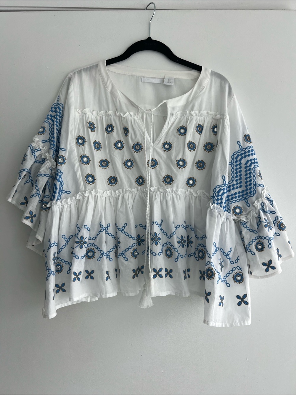White Peasant Blouse with Blue Embroidery